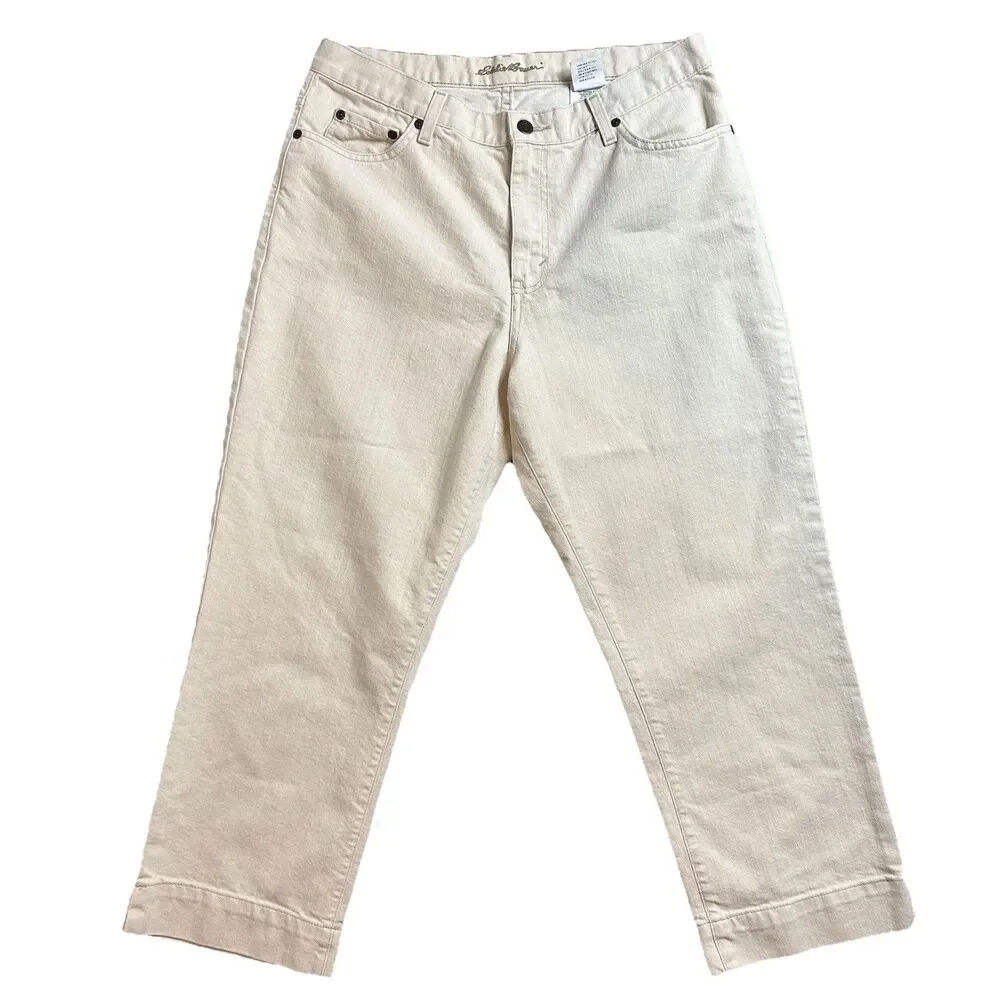 Eddie Bauer Womens 12 Straight Leg Crop Jeans Beige Mid Rise Casual Pants EUC